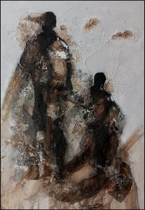 Abstract depiction of father and son walking, dark figures on a white background, mixed media.