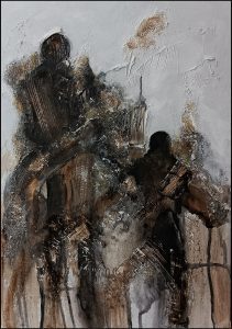 Abstract composition with figural elements, earthy tones and layered texture, evoking intimacy.