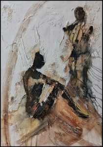 Second image: A woman on the floor resisting a man with her words and posture — a depiction of courage and defiance