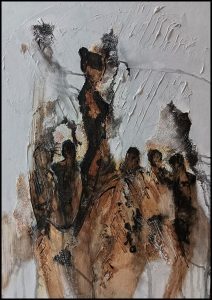 First image: A female figure walking proudly while men kneel behind her — symbol of dignity and resistance