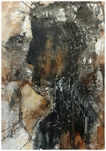 Abstract textured portrait suggesting a faceless human figure in earthy tones