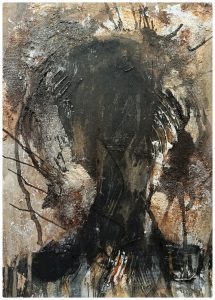 Abstract profile‑like figure with layered textures in brown, white and black tones.