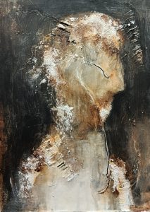 Dark abstract head silhouette with expressive rough textures and earthy color accents.